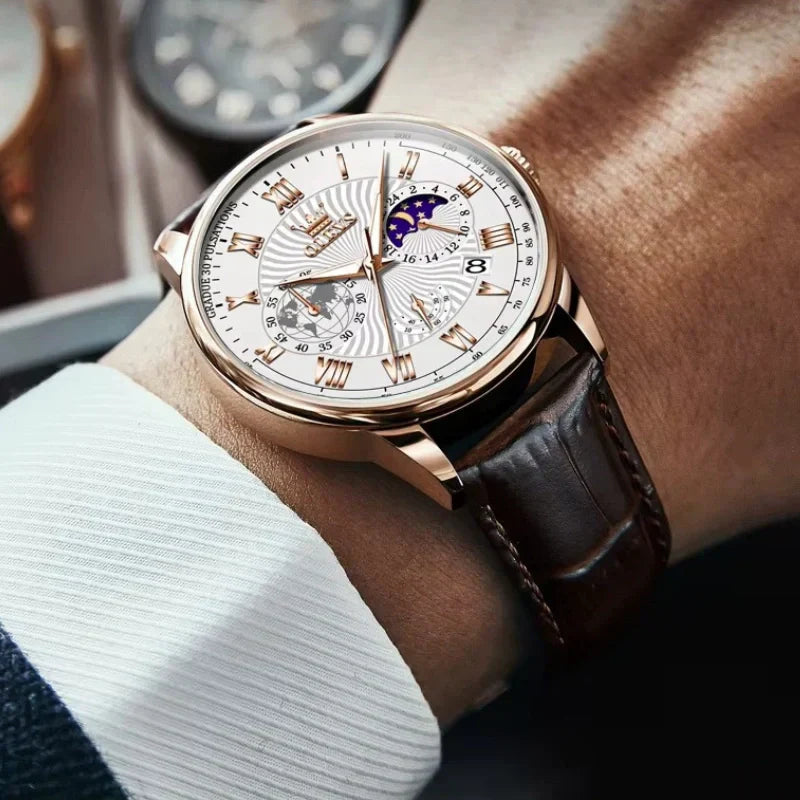 Mondphasen-Uhr – Schwarzes Zifferblatt, Klassische Eleganz
