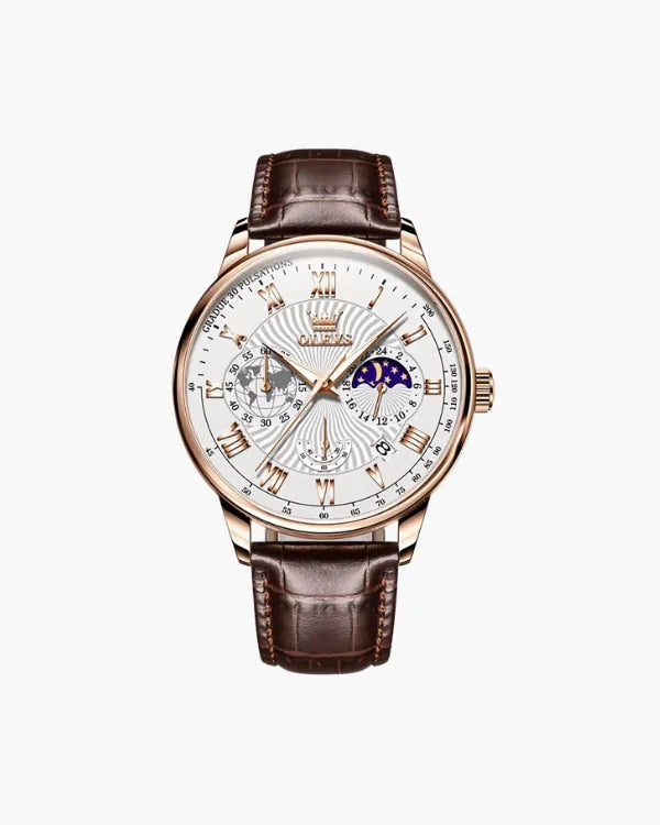 Mondphasen-Uhr – Schwarzes Zifferblatt, Klassische Eleganz